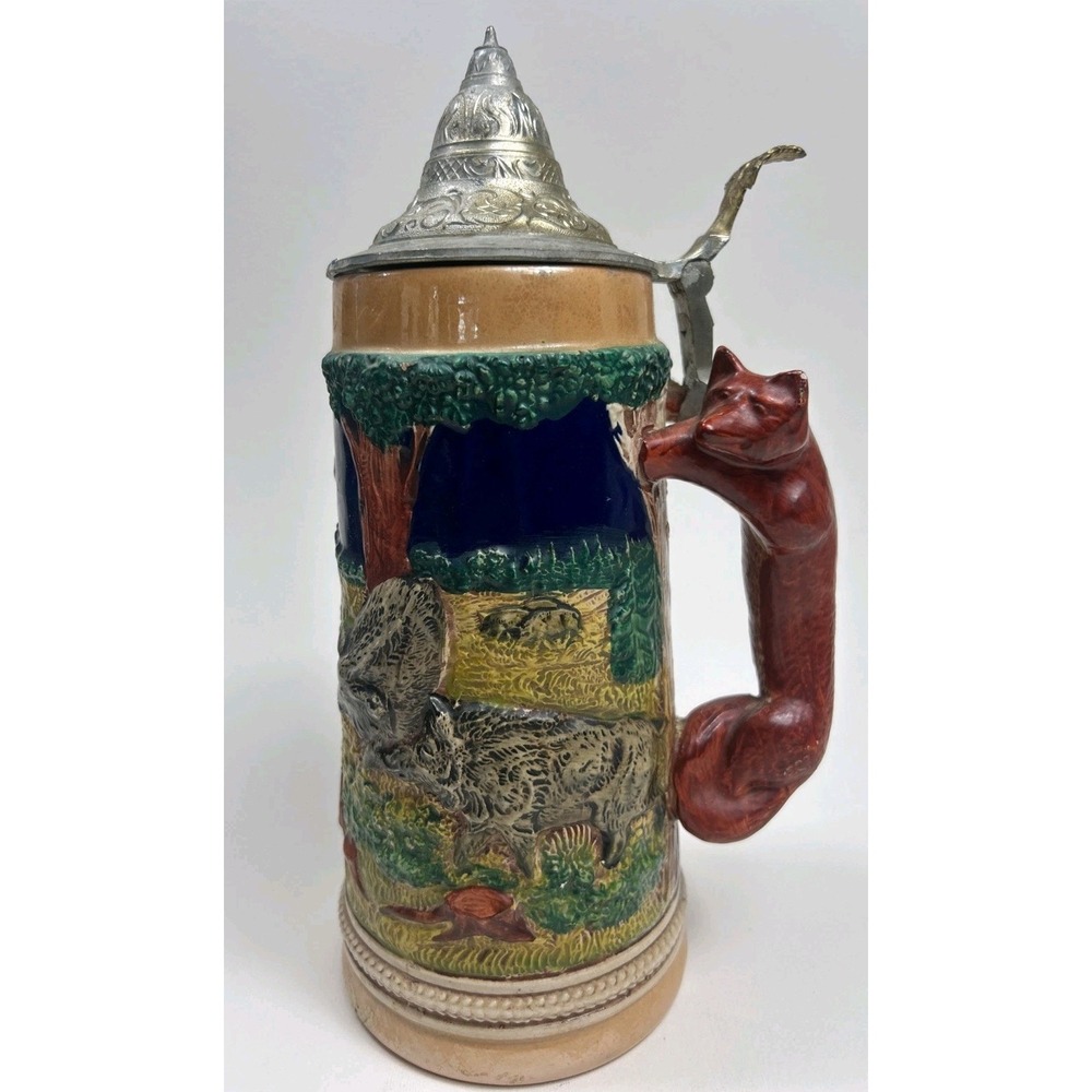 Vintage Gerz Handgemalt‎  Boar Hunt 11'' Beer Stien fox handle